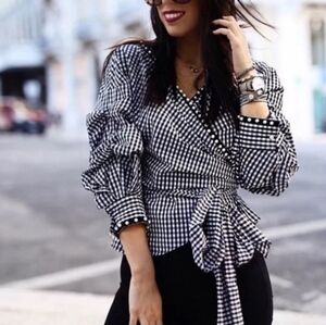 Zara Pearl Trim Checkered Blouse with Pearl Accents Size M